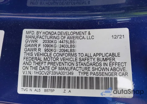 2022 Honda Accord Sport 2.0T from USA, damaged, VIN 1HGCV2F33NA001349